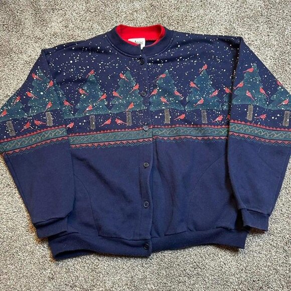 Vintage winter double sided winter snowy trees‎ and cardinal artisans cardigan - Picture 1 of 5